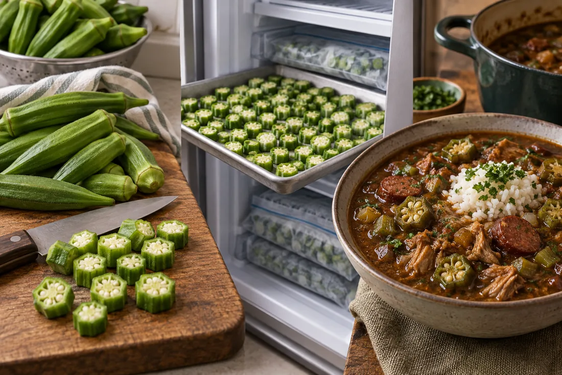 Illustrative gumbo preparation sequence: tender pods, cut pieces, loose freezing and a finished bowl. gumbo preparation sequence: tender pods, cut pieces, loose freezing and a finished bowl.