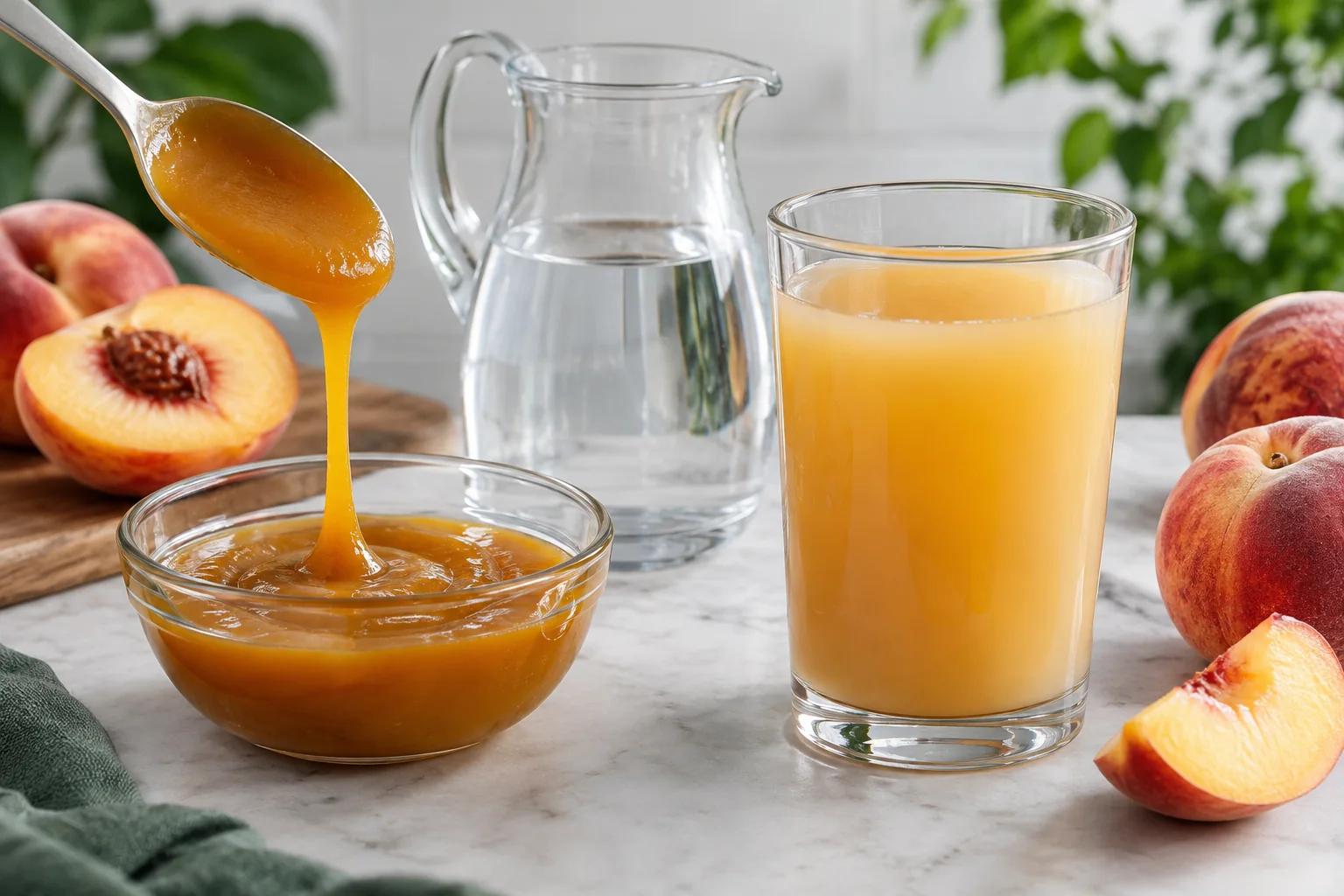 A clean beverage pilot bench showing peach puree being blended with measured water into a uniform pourable nectar, with realistic viscosity and no numbers or branding