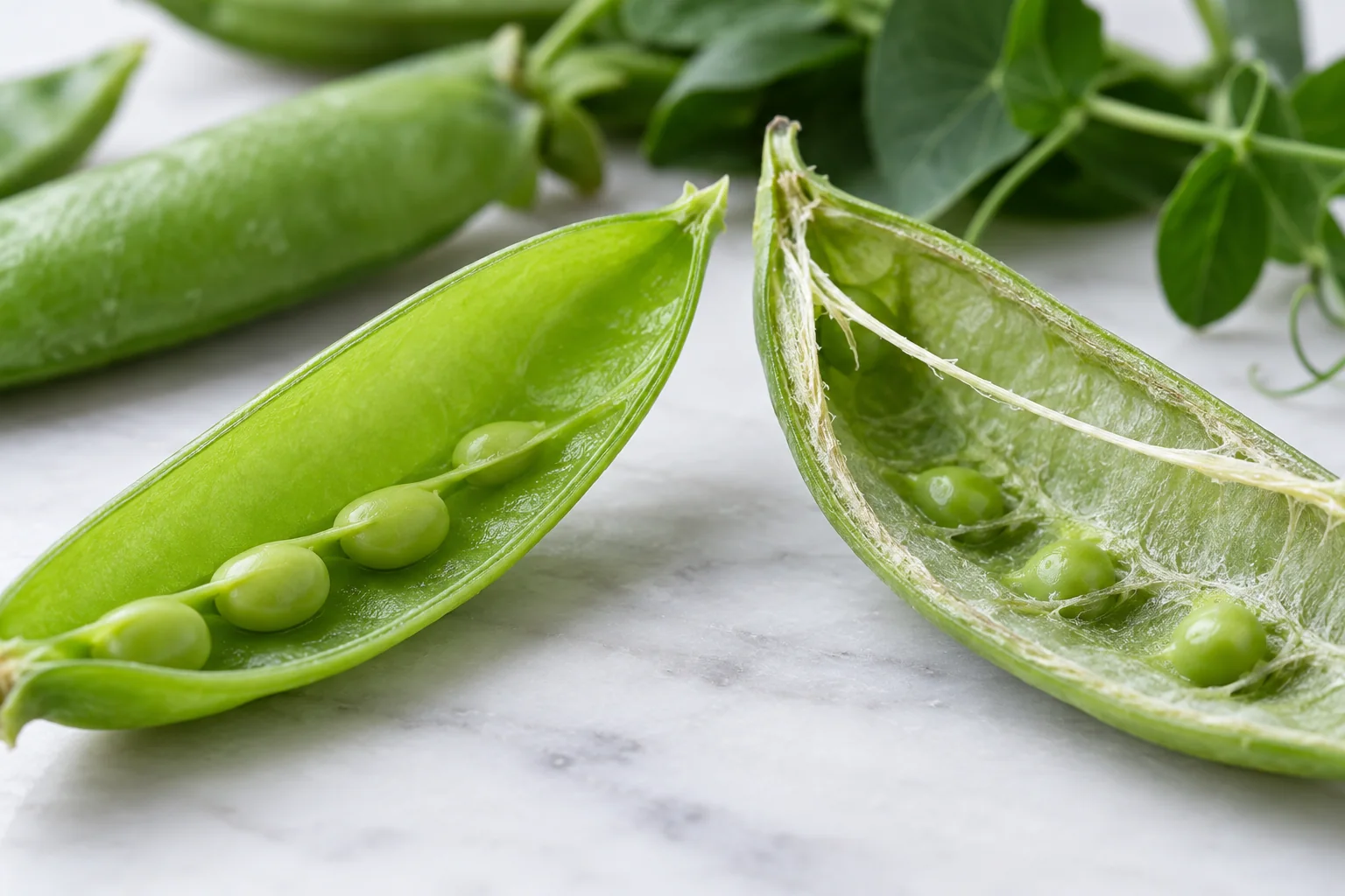 Macro cutaway comparing tender thin pod wall with a late fibrous pod wall and pronounced string, scientifically plausible and without labels