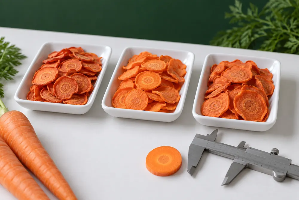 Three separate carrot-chip sample trays with a caliper beside a fresh slice