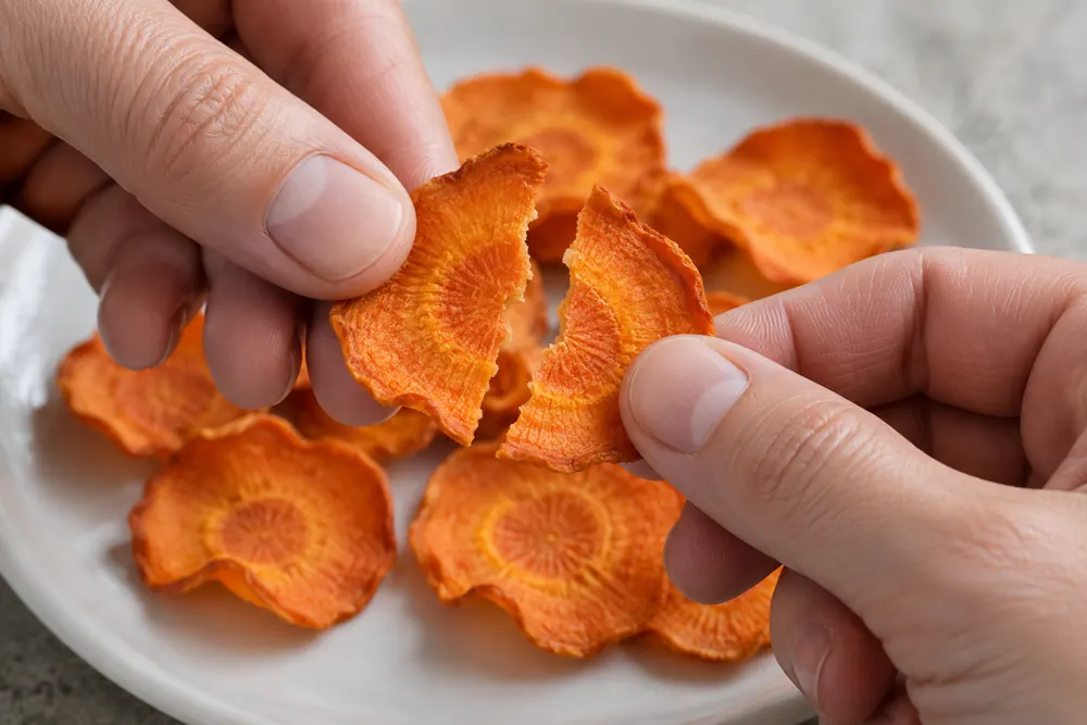 Fully cooled carrot chip breaking cleanly between fingers