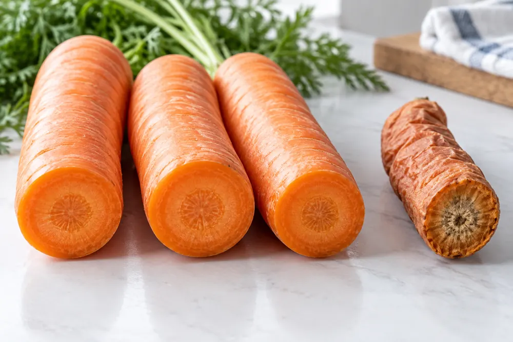 Firm fresh carrots beside one shriveled root for selection comparison