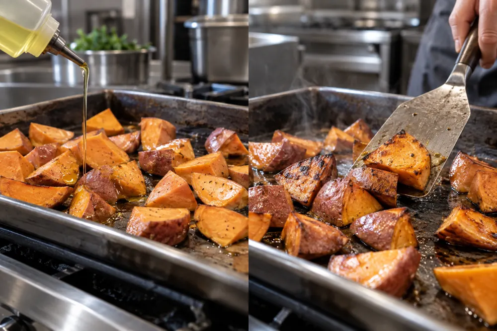 A cook applies a thin oil film and turns sweet potato pieces on a tray