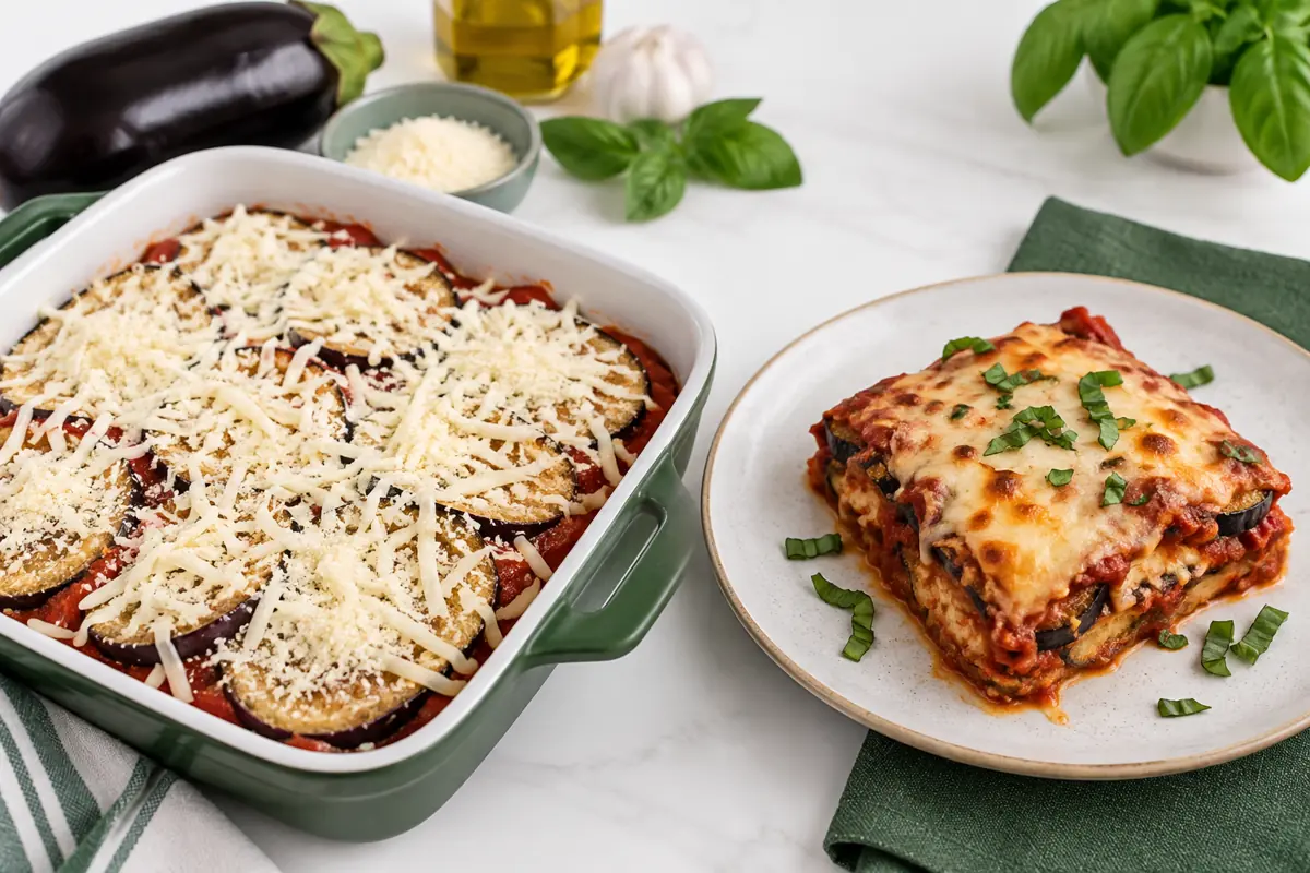 Unbaked assembly beside baked eggplant Parmesan