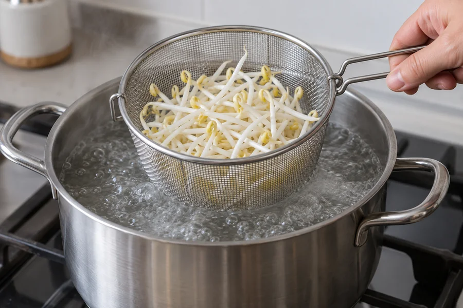 Mung bean sprouts lowered in a small metal strainer into vigorously simmering water, white stems and yellow seed heads visible