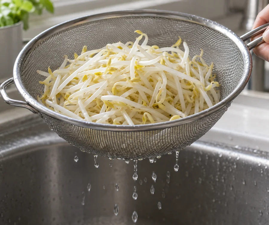 Blanched sprouts draining through a metal sieve above a sink, visible water release, no ice bath imposed as a universal step