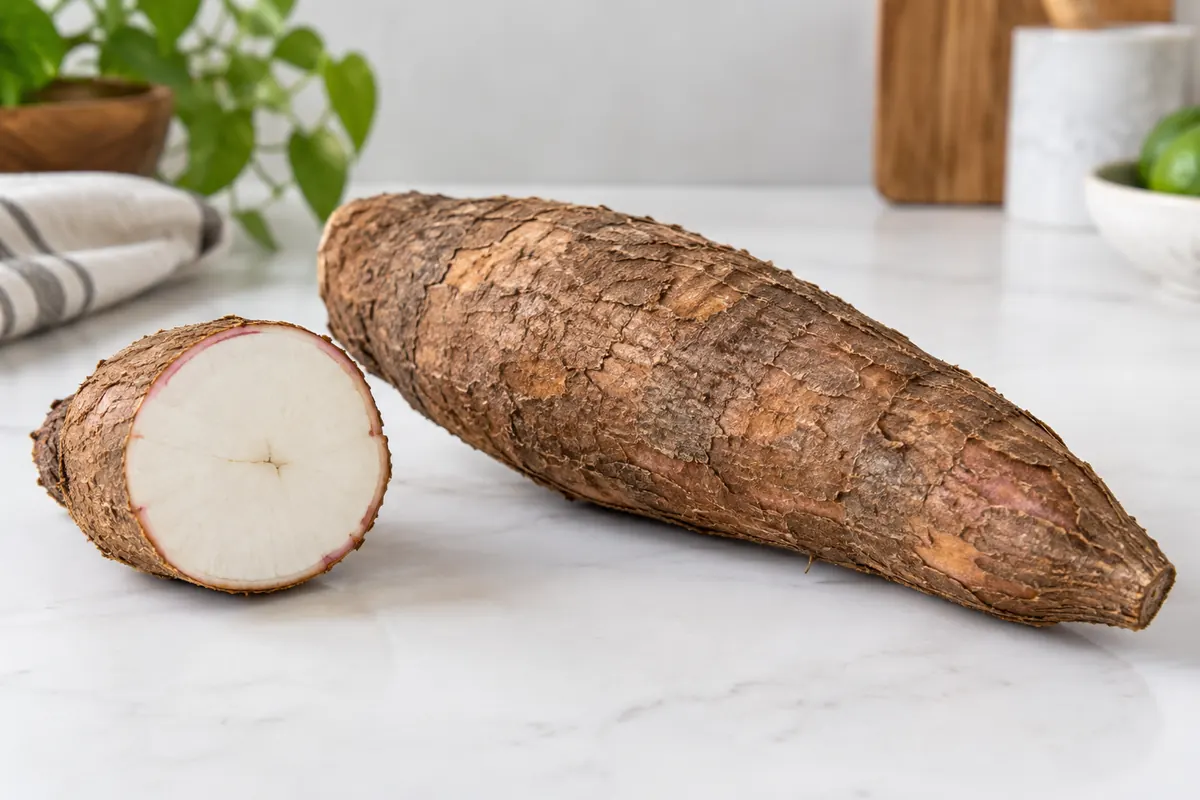 Fresh cassava root with bark-like skin and white cut face Fresh cassava root with bark-like skin and white cut face