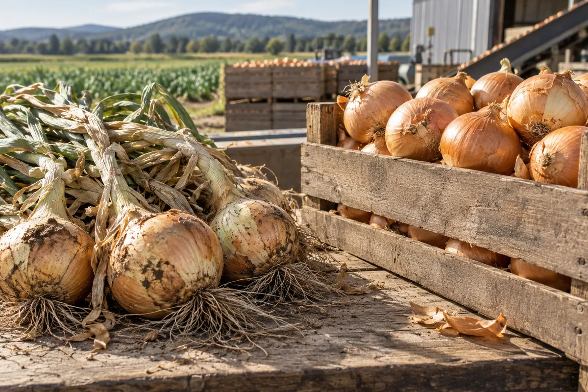 Newly harvested onions beside cured storage onions Newly harvested onions beside cured storage onions