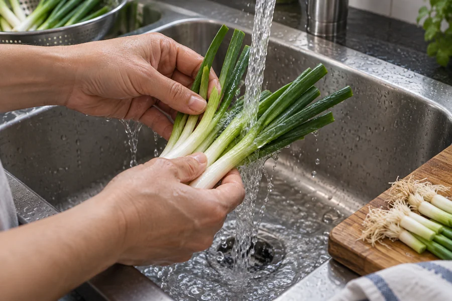 Hands rinse fresh scallion stalks and white bases under running water