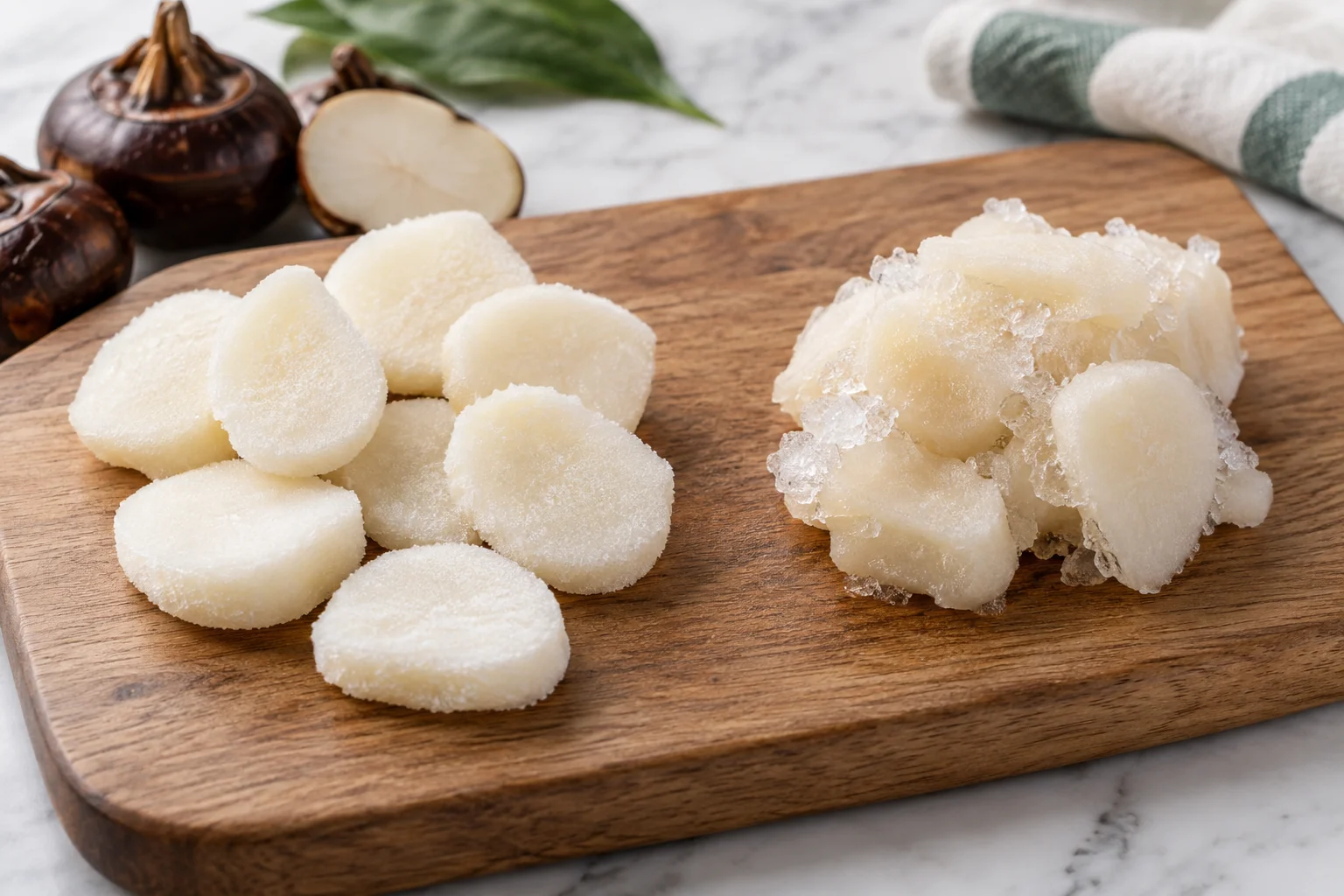 Separate frozen water chestnut slices beside a clumped home-frozen portion
