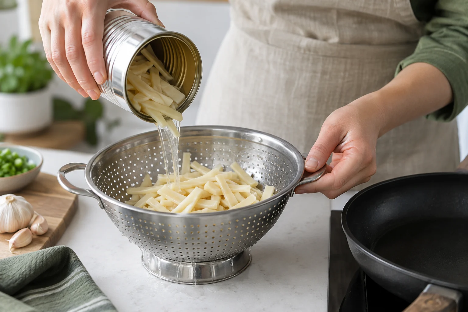 Canned bamboo shoot strips poured into a colander