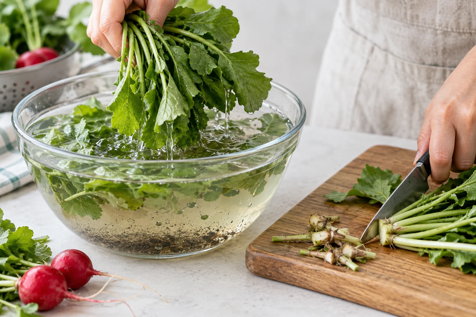 Radish leaves washed and coarse stem ends trimmed