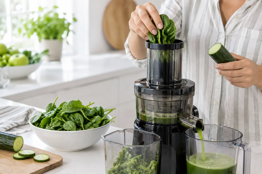 Fresh spinach through a juicer visual explanation