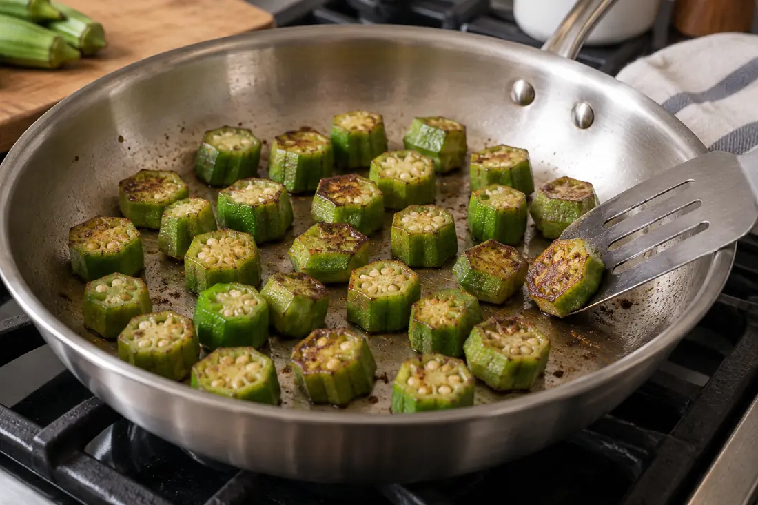 Sauté fresh okra in a wide hot pan visual explanation