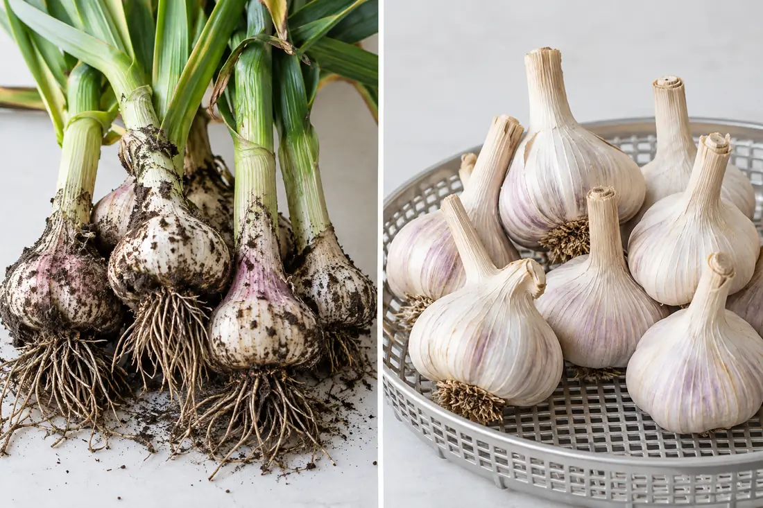 Freshly lifted garlic beside dry cured bulbs