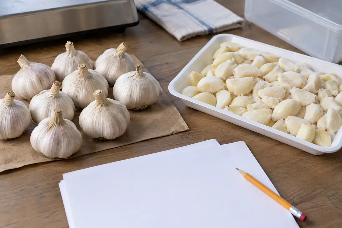 Cured bulbs and frozen garlic sample beside blank purchase notes
