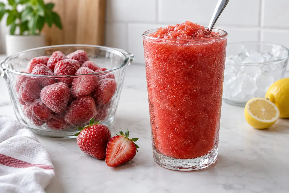 Frozen strawberry slushie in clear glass Frozen strawberry slushie in clear glass.