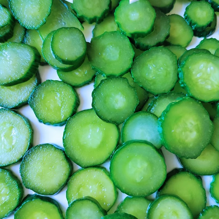 Frozen cucumber rounds showing skin and seed center